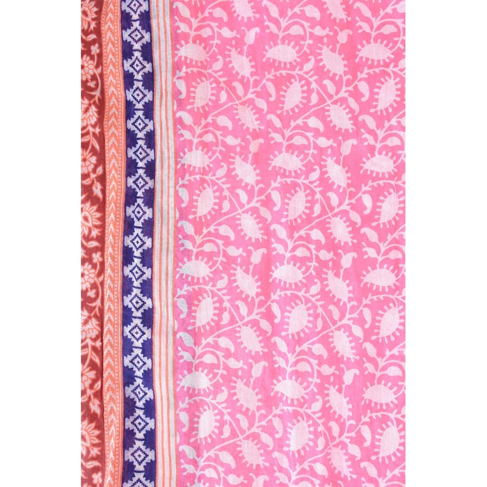 Indian Flowers Cotton scarf with Tassels - ROSE FONCE