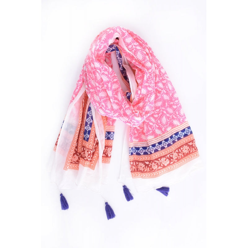 Indian Flowers Cotton scarf with Tassels - ROSE FONCE