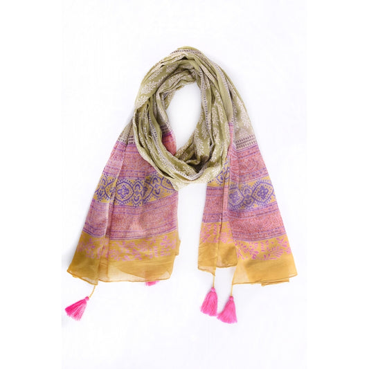 Block Print Antik Cotton scarf with 4 Tassels