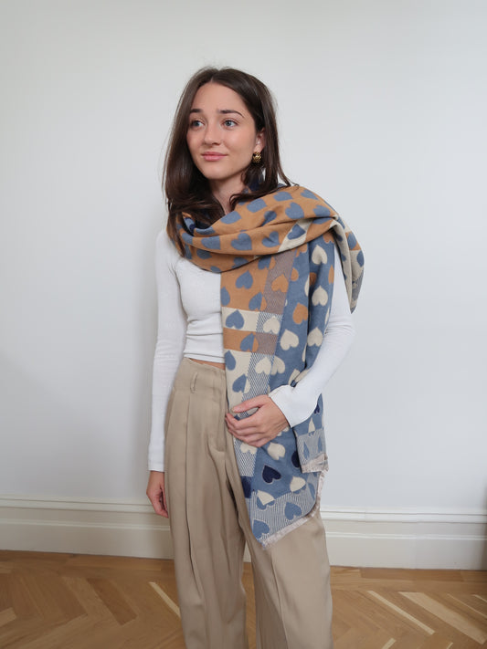 Jaquard brushed soft touch heart scarve - Bleu Fonce