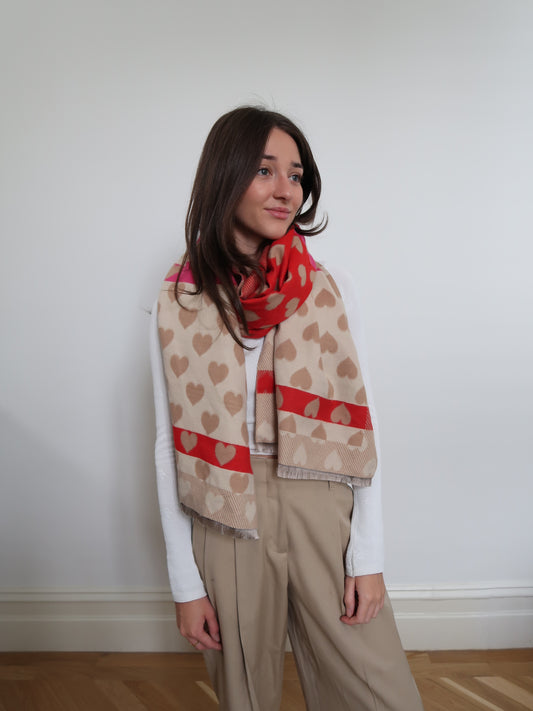 Jaquard brushed soft touch heart scarve - Rose Fonce