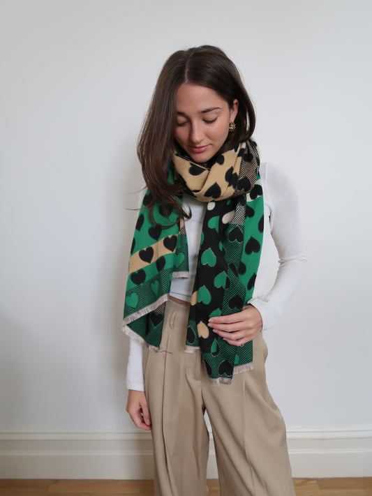 Jaquard brushed soft touch heart scarve - Vert Fonce