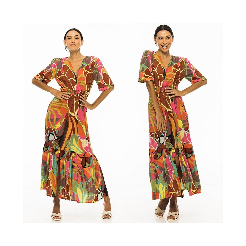 Palme Long Viscose V-Neck Dress with Frill - Multi Clair 65852