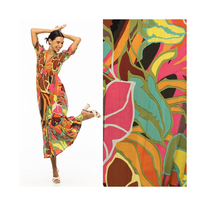 Palme Long Viscose V-Neck Dress with Frill - Multi Clair 65852