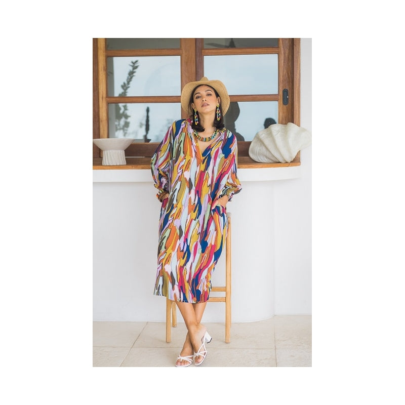 Palme Tunisian Collar Viscose Dress - Multi Fonce