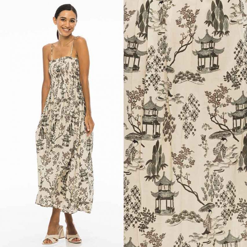 Palme Viscose Printed Elastic Dress - Ecru