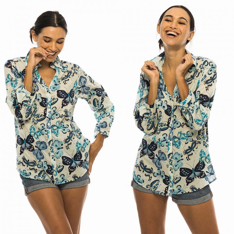 Palme Butterflies V Neck+3/4 Sleeves Cotton Shirt - Bleu Clair 65943