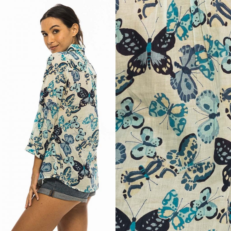 Palme Butterflies V Neck+3/4 Sleeves Cotton Shirt - Bleu Clair 65943