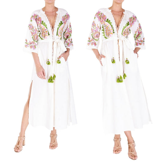 Palme Long Cotton Wrap Dress With Embroidery - Ecru 2