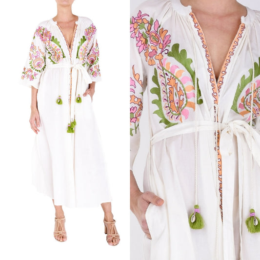 Palme Long Cotton Wrap Dress With Embroidery - Ecru 2