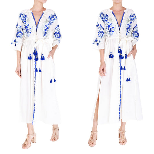 Palme Long Cotton Wrap Dress With Embroidery - Bleu Fonce