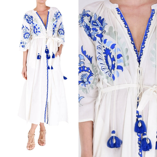 Palme Long Cotton Wrap Dress With Embroidery - Bleu Fonce