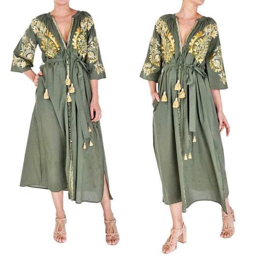 Palme Long Cotton Wrap Dress With Embroidery - Vert Fonce