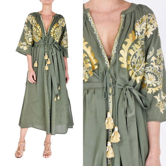 Palme Long Cotton Wrap Dress With Embroidery - Vert Fonce