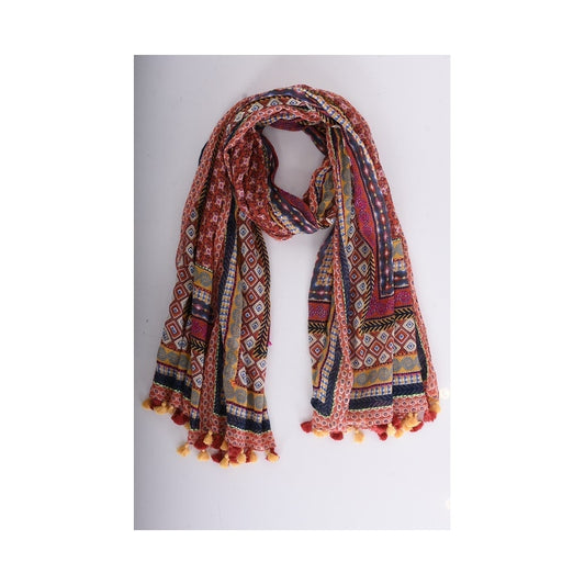 Palme Embroidery+Tassel Cotton Scarf - Rouge Fonce