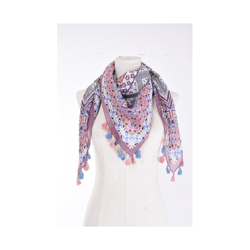 Palme Cotton Mosaic Embroidered Diamond Print Scarf with Tassels- 66080