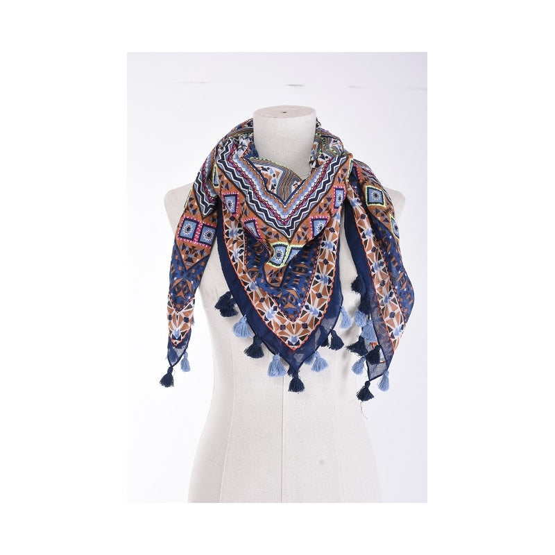 Palme Cotton Mosaic Embroidered Diamond Print Scarf with Tassels- 66080
