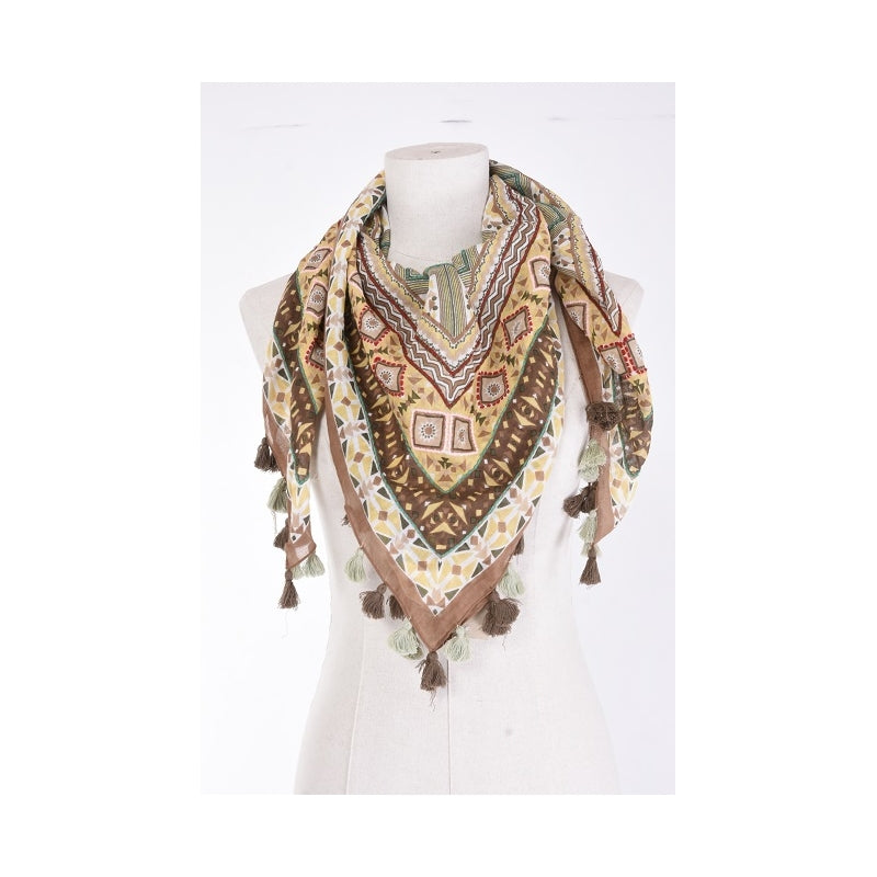 Palme Cotton Mosaic Embroidered Diamond Print Scarf with Tassels- 66080