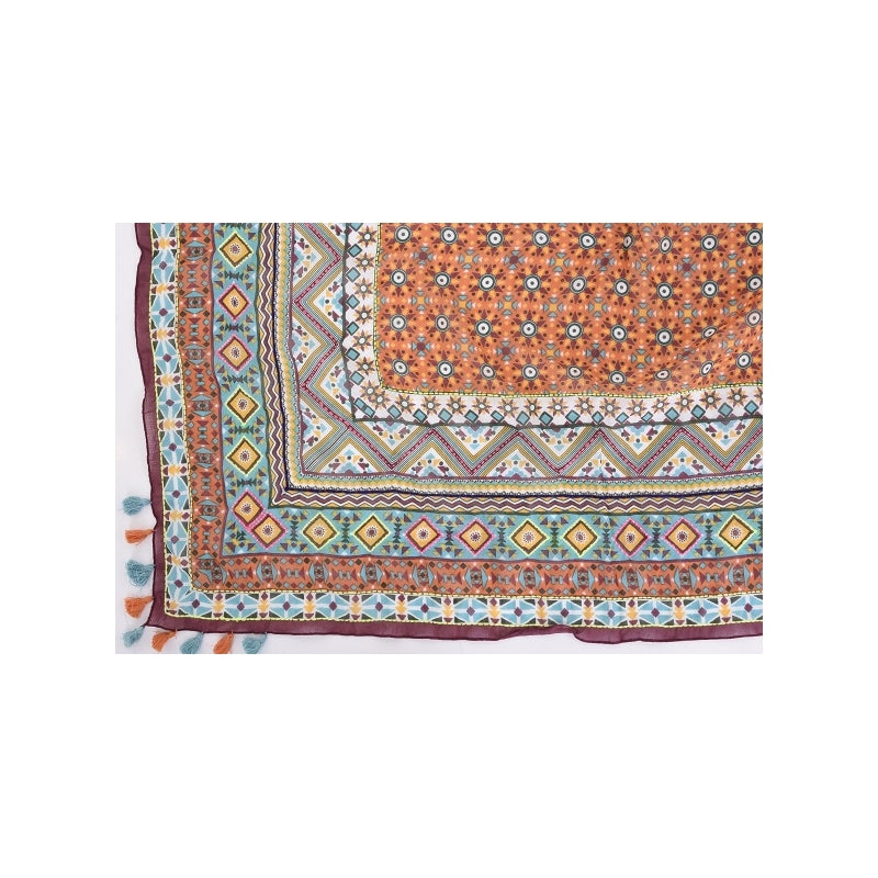 Palme Cotton Mosaic Embroidered Diamond Print Scarf with Tassels- 66080