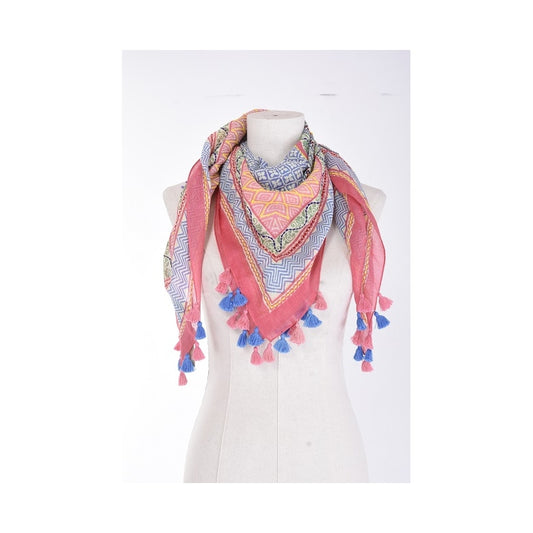 Palme Mosaic Embroided Cotton Scarf & Tassels - Rose Clair