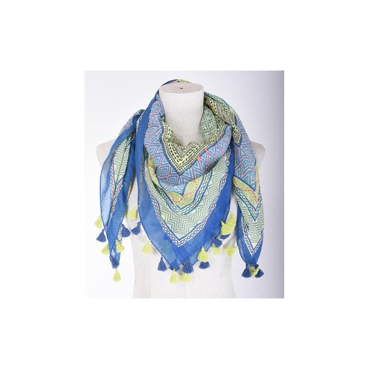 Palme Mosaic Embroided Cotton Scarf & Tassels - Bleu Clair