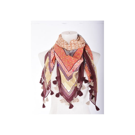 Palme Mosaic Embroided Cotton Scarf & Tassels - Rouge Fonce