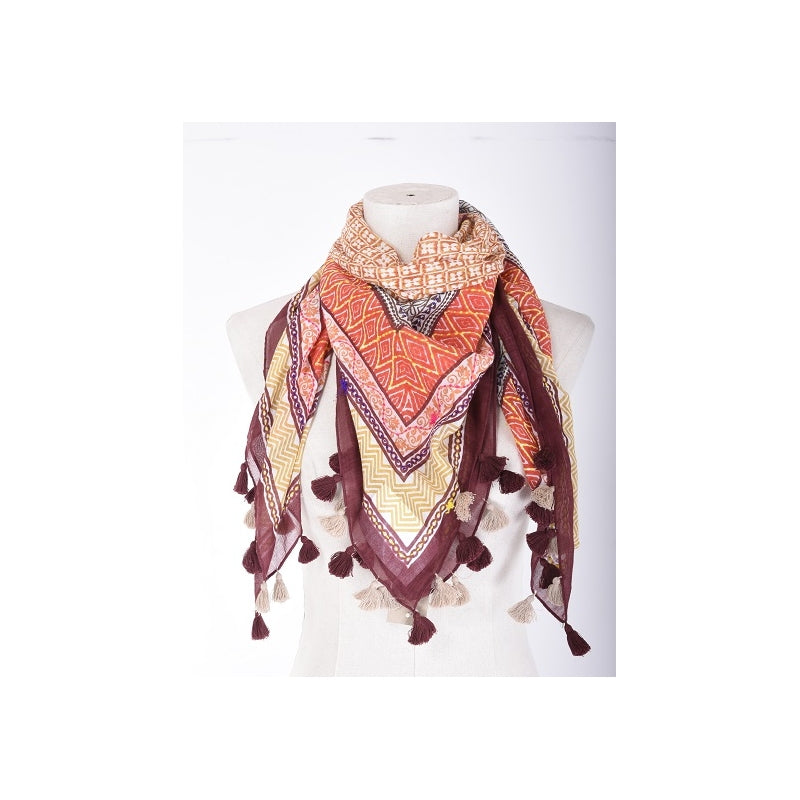 Palme Mosaic Embroided Cotton Scarf & Tassels - 66082