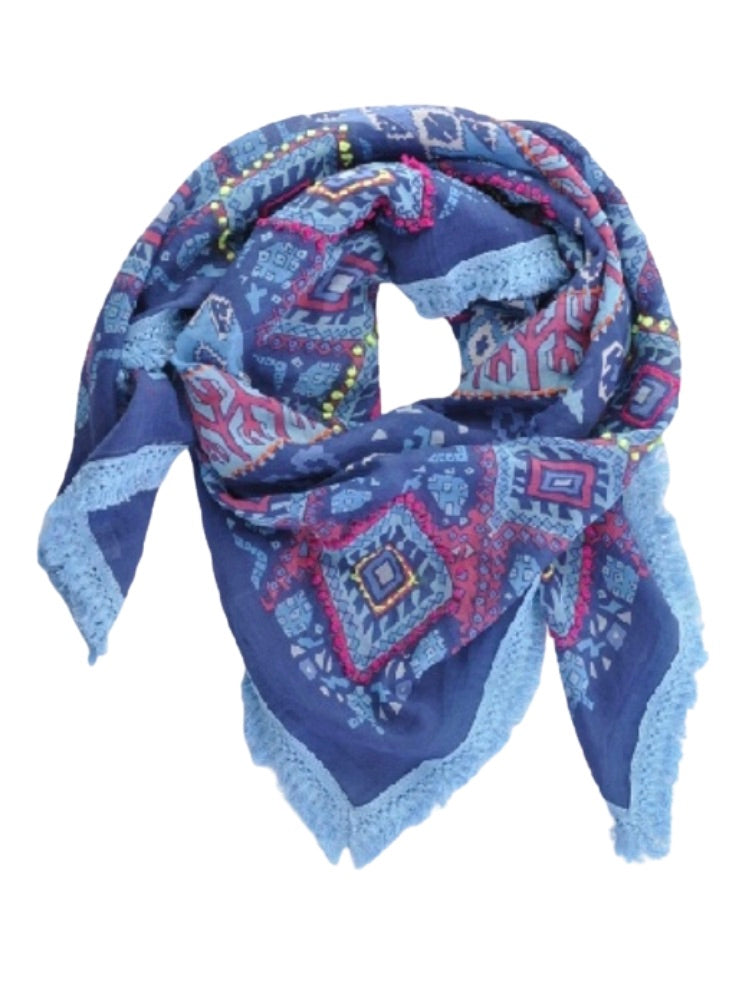 Palme Cotton Square Embroidered Fringe Scarf - 52669