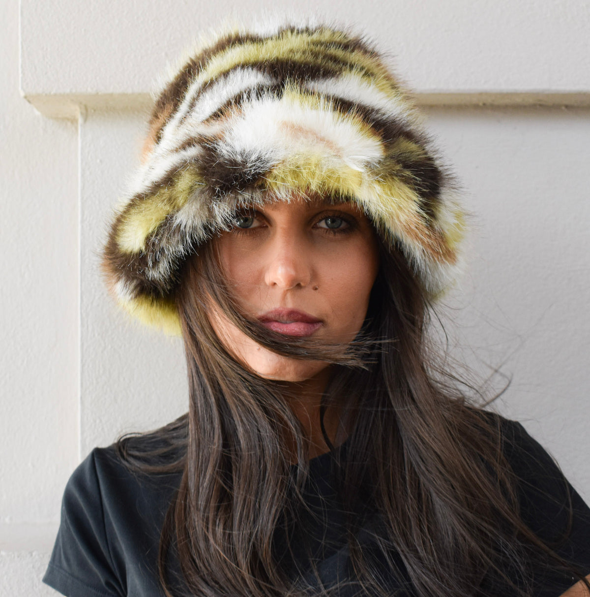 Fluffy Faux Fur Bucket Hat Mixed Print 7522