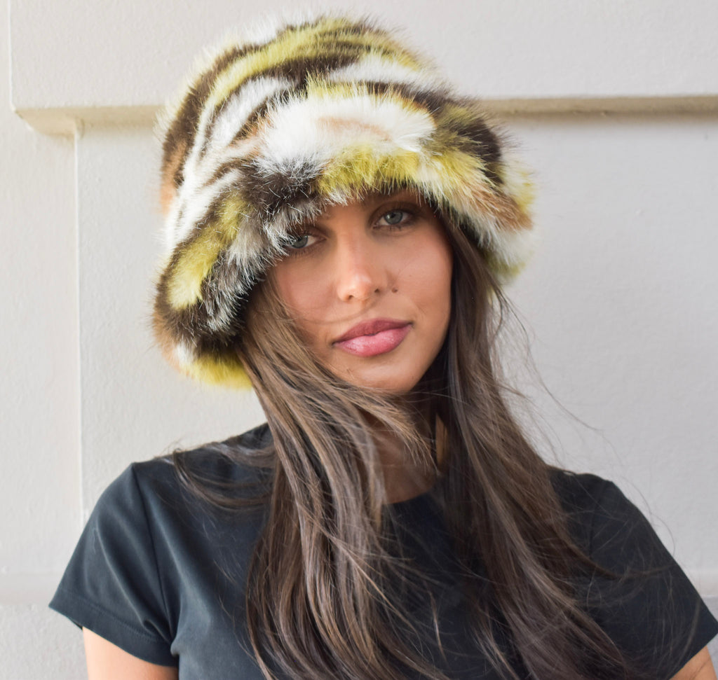 Fluffy Faux Fur Bucket Hat Mixed Print 7522