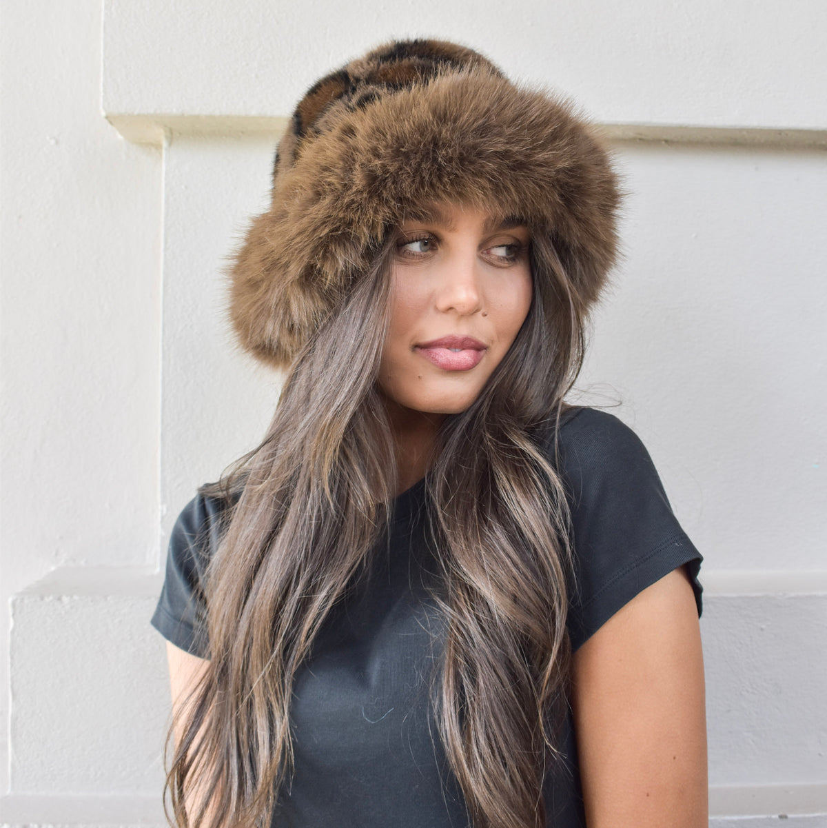 Faux Fur Leopard Bucket Hat with Fur Edge 7527