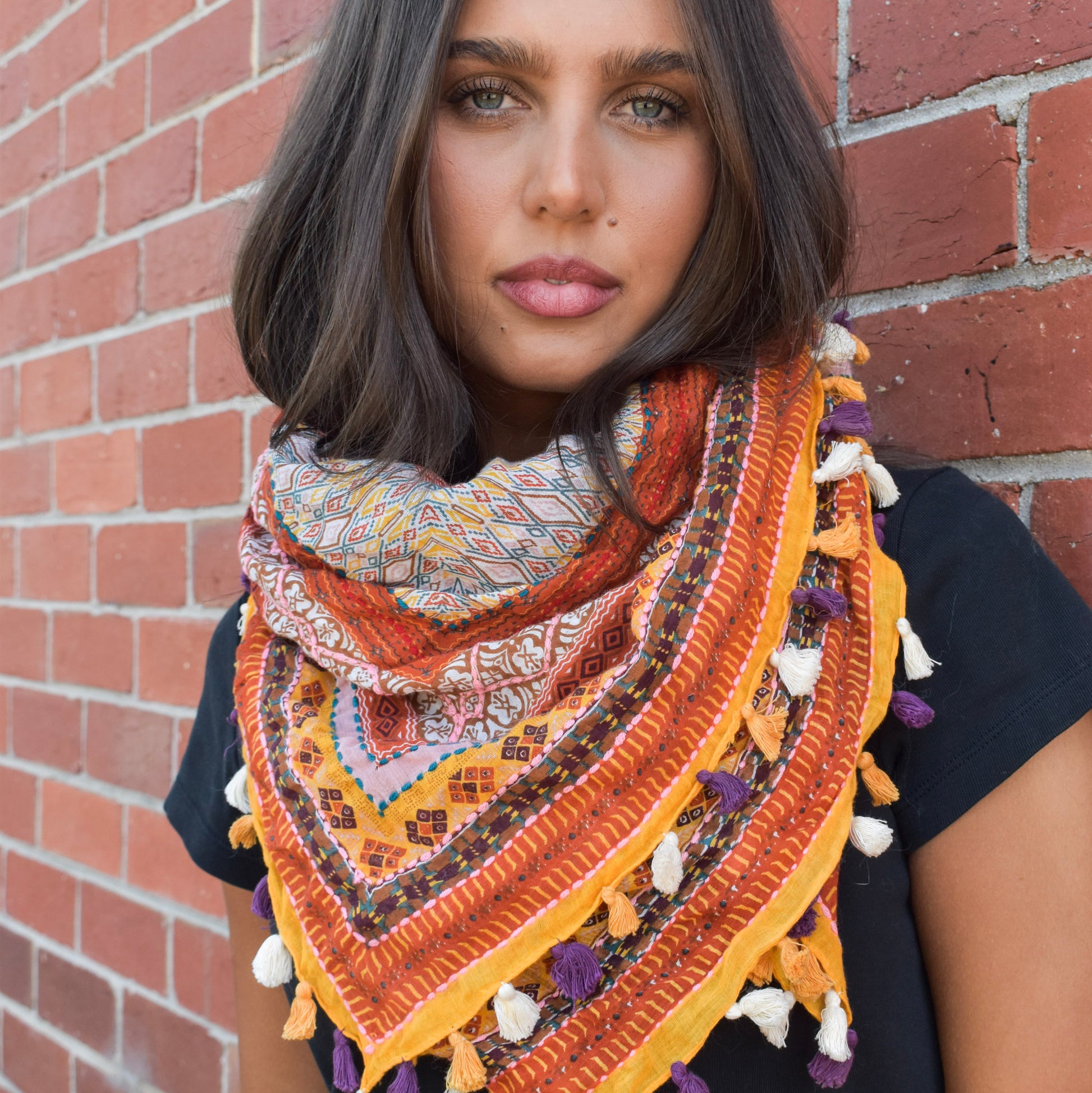 Cotton Square Embroidered Scarf with Pompom 46209