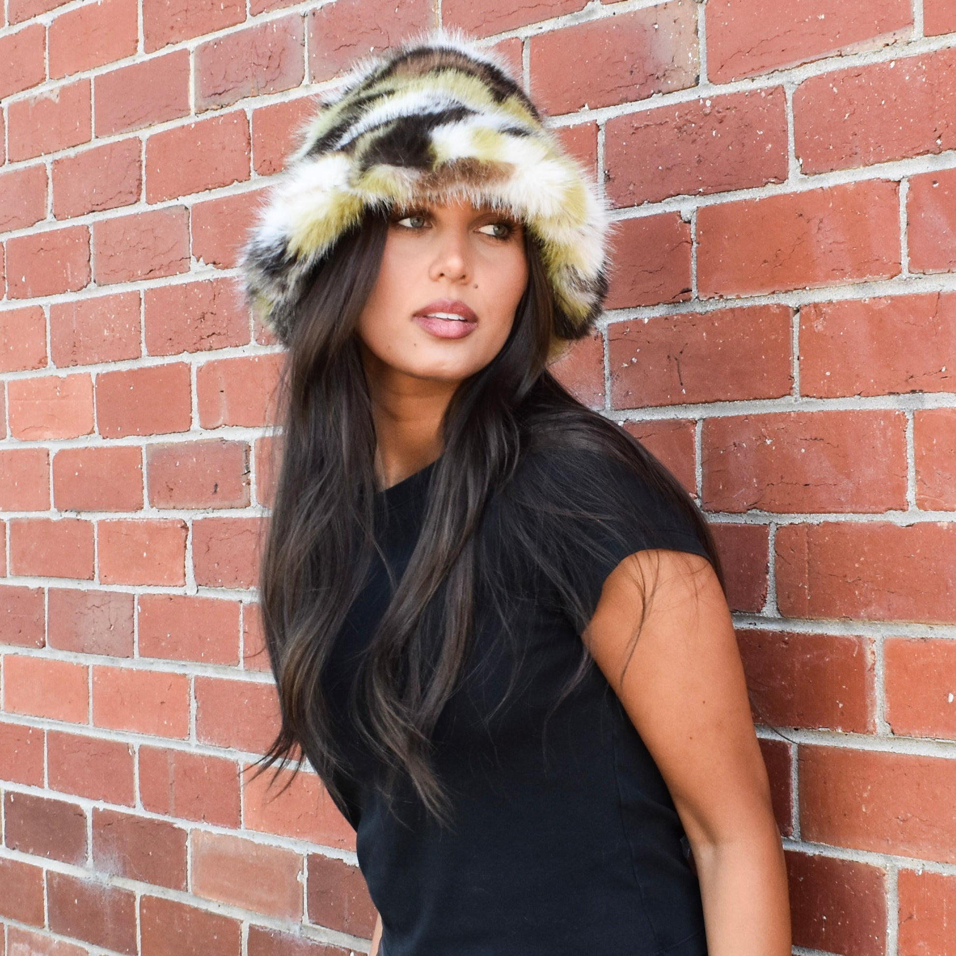 Pre-Order Fluffy Faux Fur Bucket Hat Mixed Print 7522