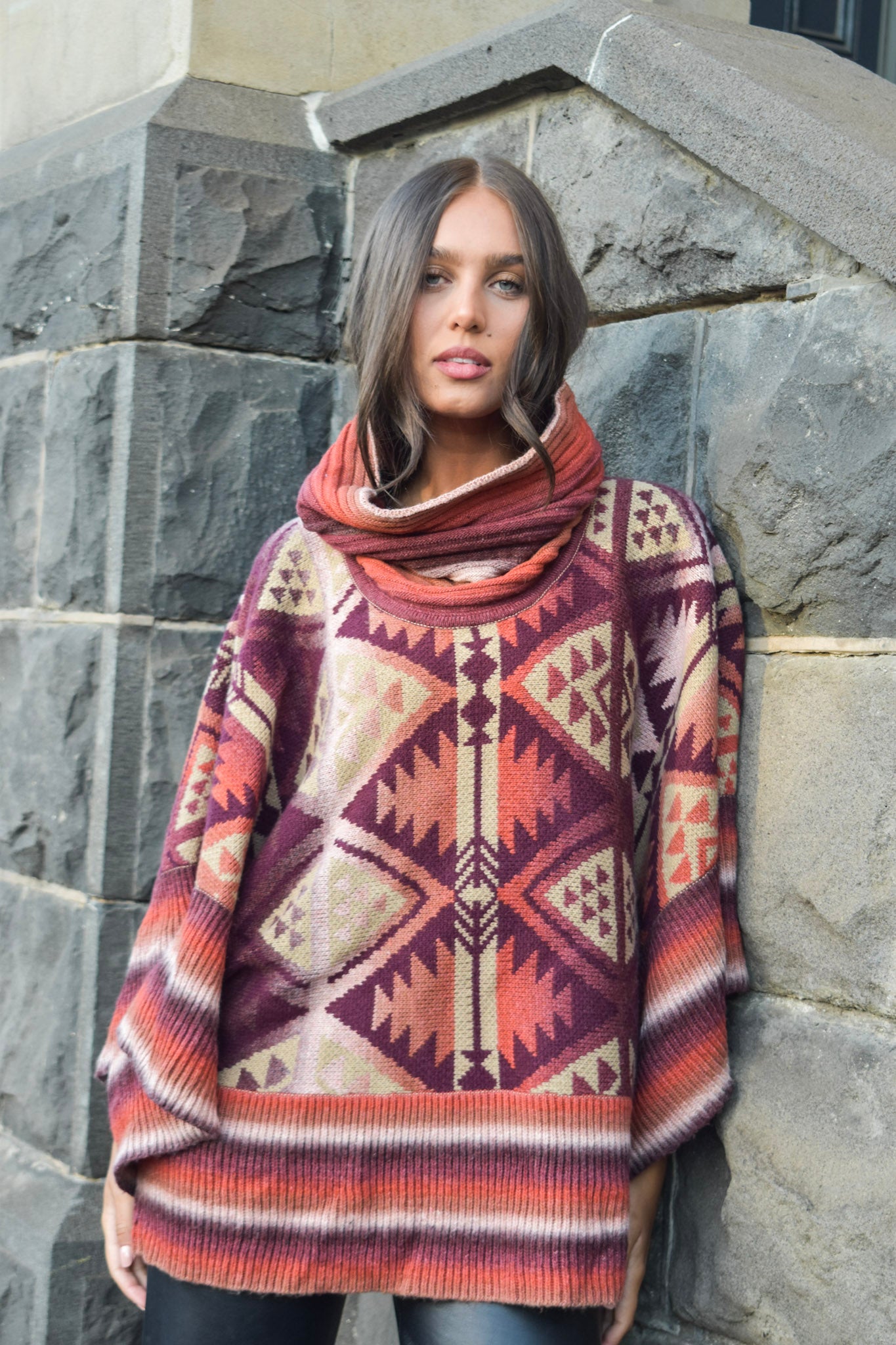 Pre-Order Knitted Poncho Dried Tomato 24183