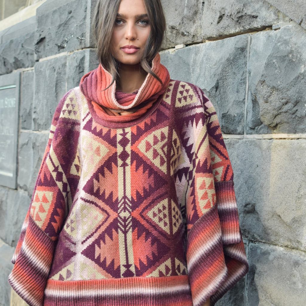 Pre-Order Knitted Poncho Dried Tomato 24183