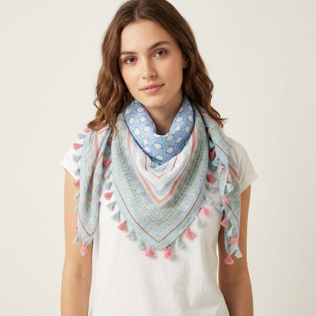 Cotton Square Embroidered Scarf with Pompom 46209