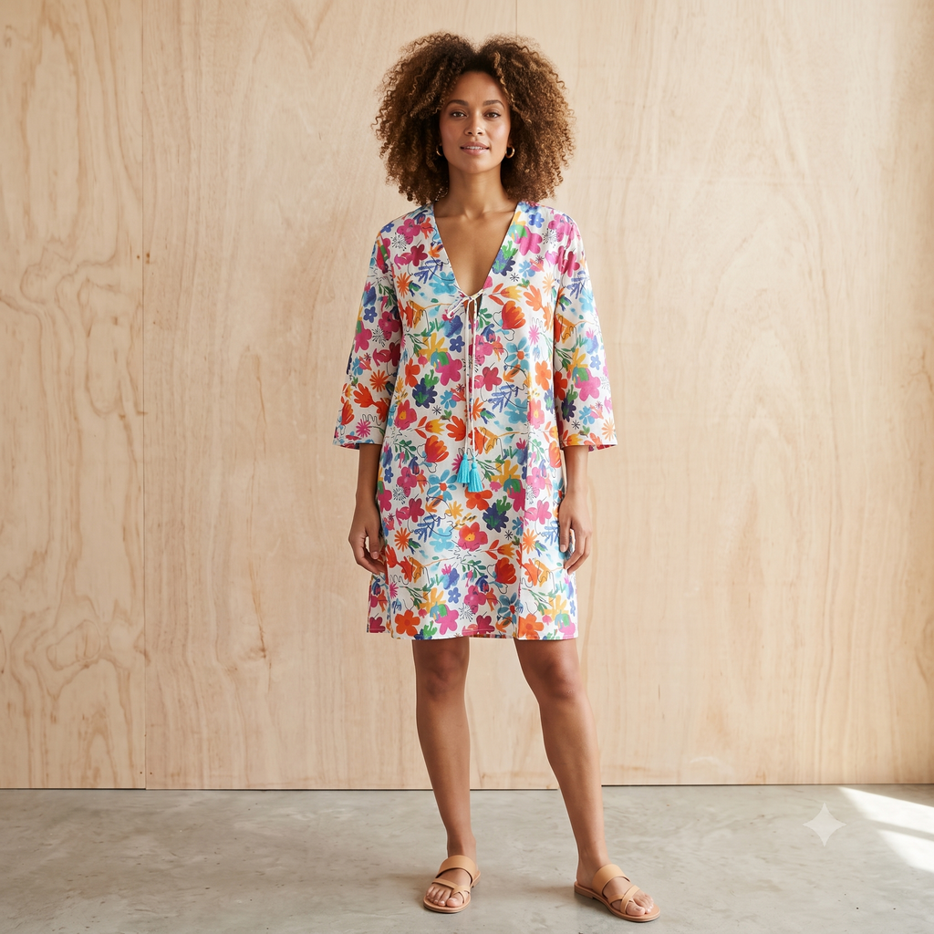 V-Neck Cotton Tunic with String 67145 Multi