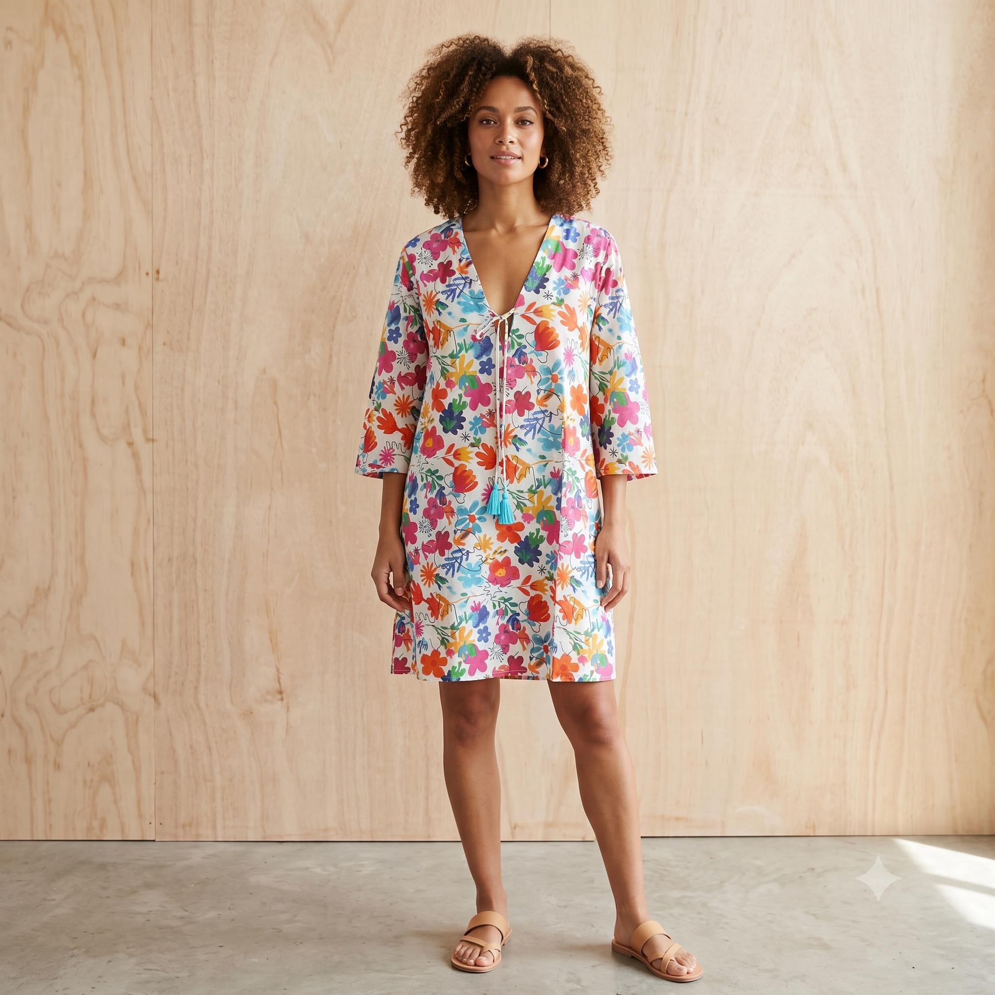 V-Neck Cotton Tunic with String 67145 Multi