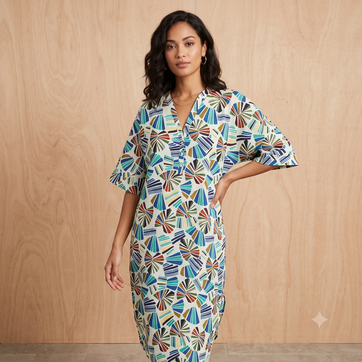 Large 3 Buttons Cotton Dress 67152 Multi Green and Blue