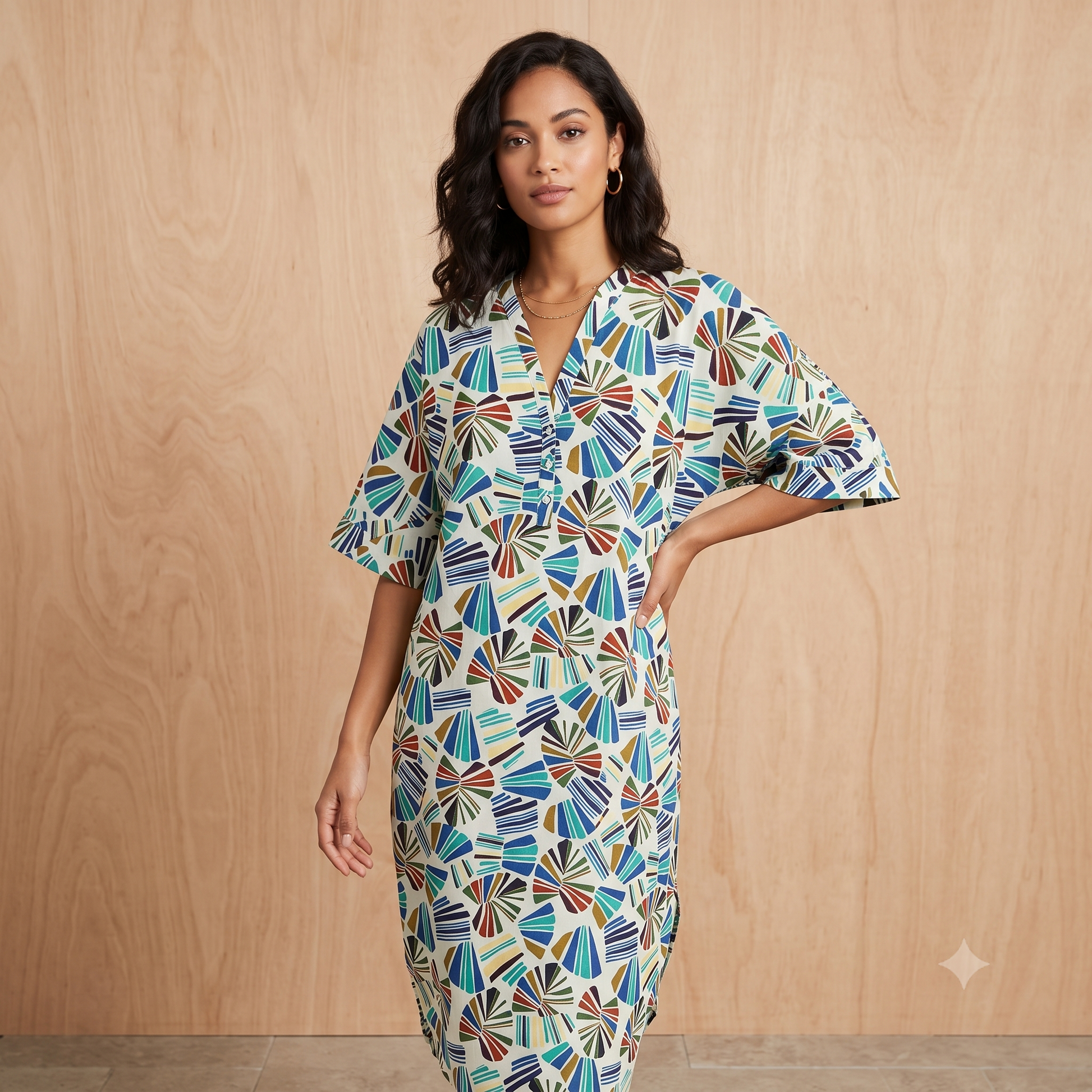 Large 3 Buttons Cotton Dress 67152 Multi Green and Blue