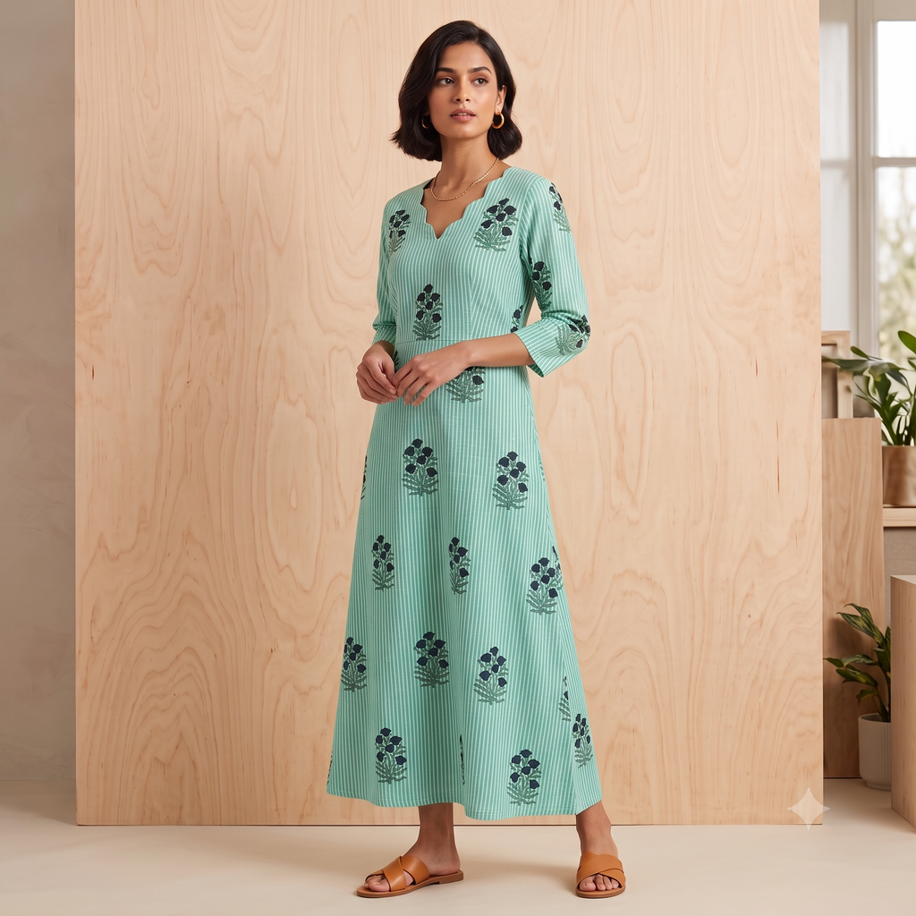Pure Cotton Gardenia Green Stripe Dress