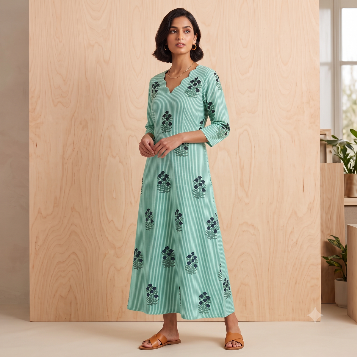 Pure Cotton Gardenia Green Stripe Dress