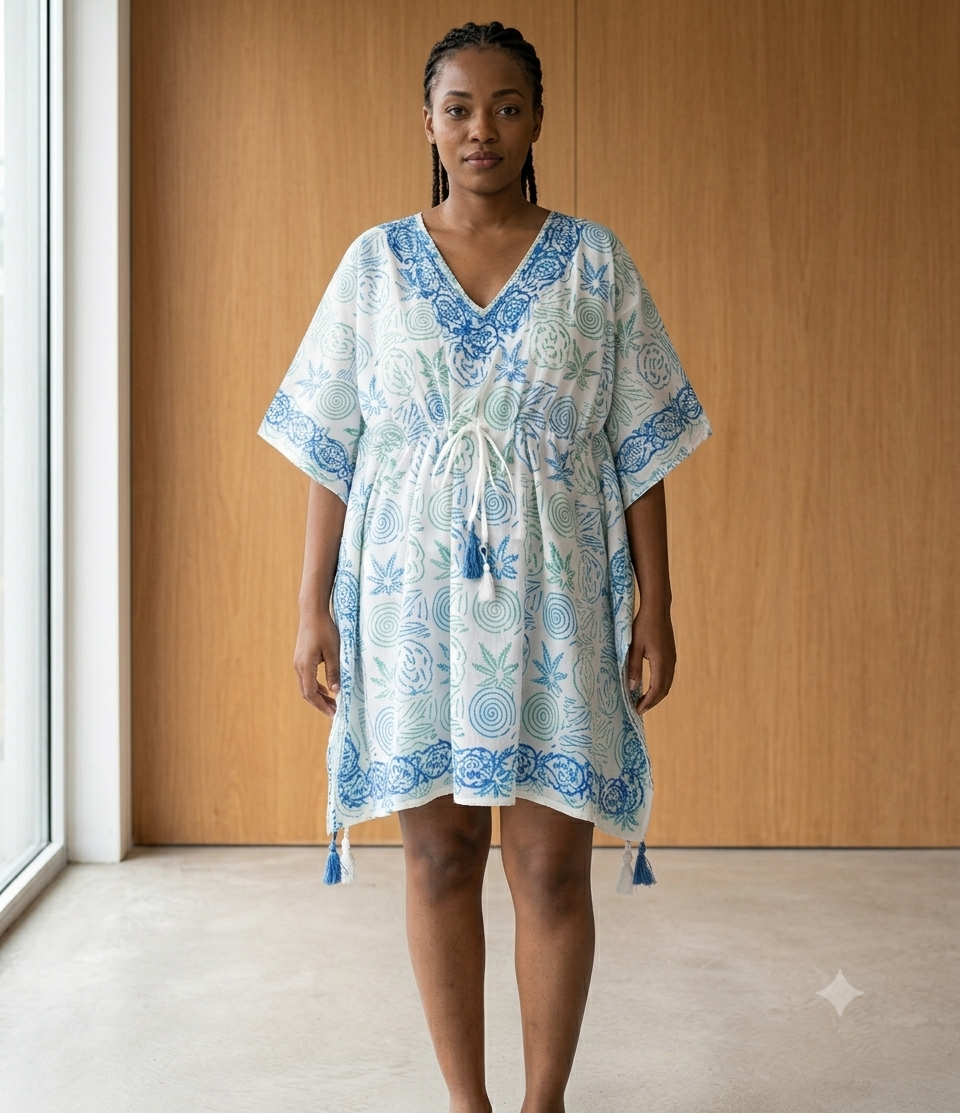 White and Blue Patterned Kaftan Cp308p