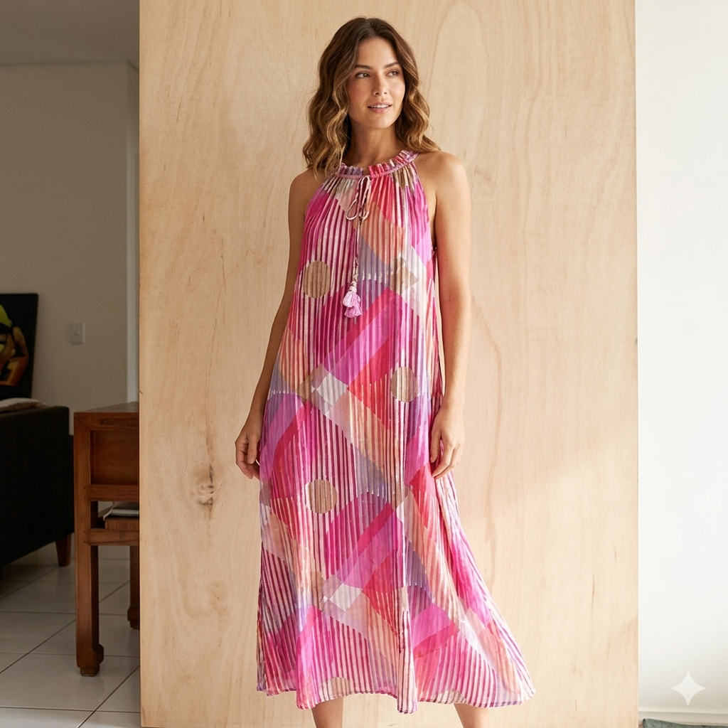 Sleeveless Long Cotton Dress 67032 PINK Sample