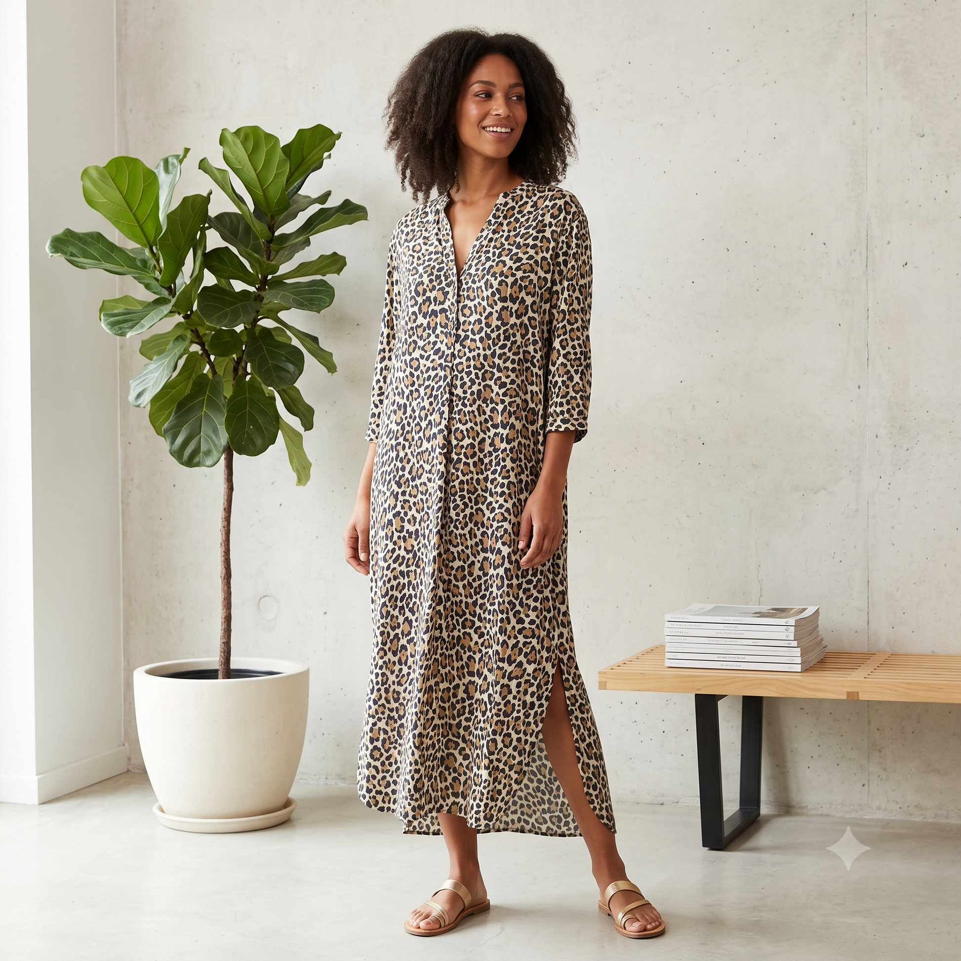 Long Viscose Summer Dress with Sleeves and Buttons 66988 Leopard