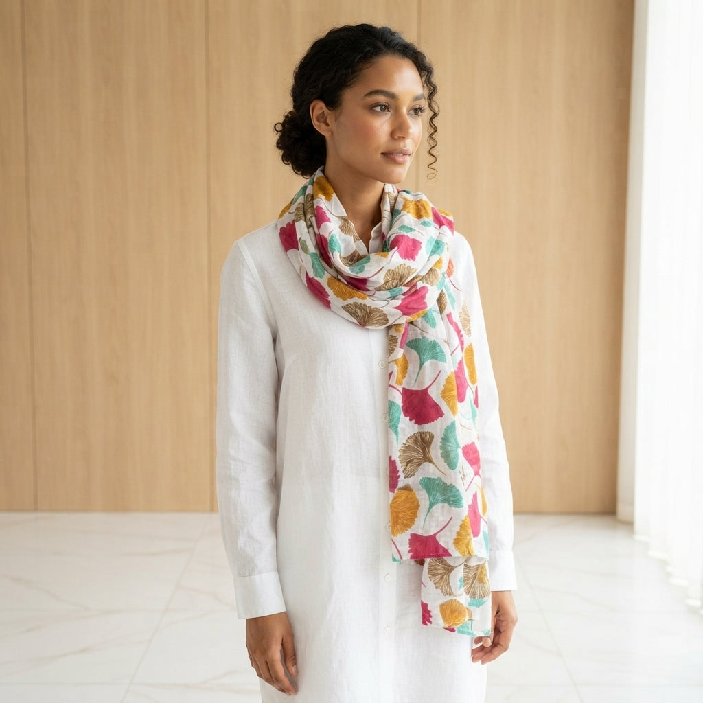 Gincko Leaves Printed Cotton Scarf - 64706