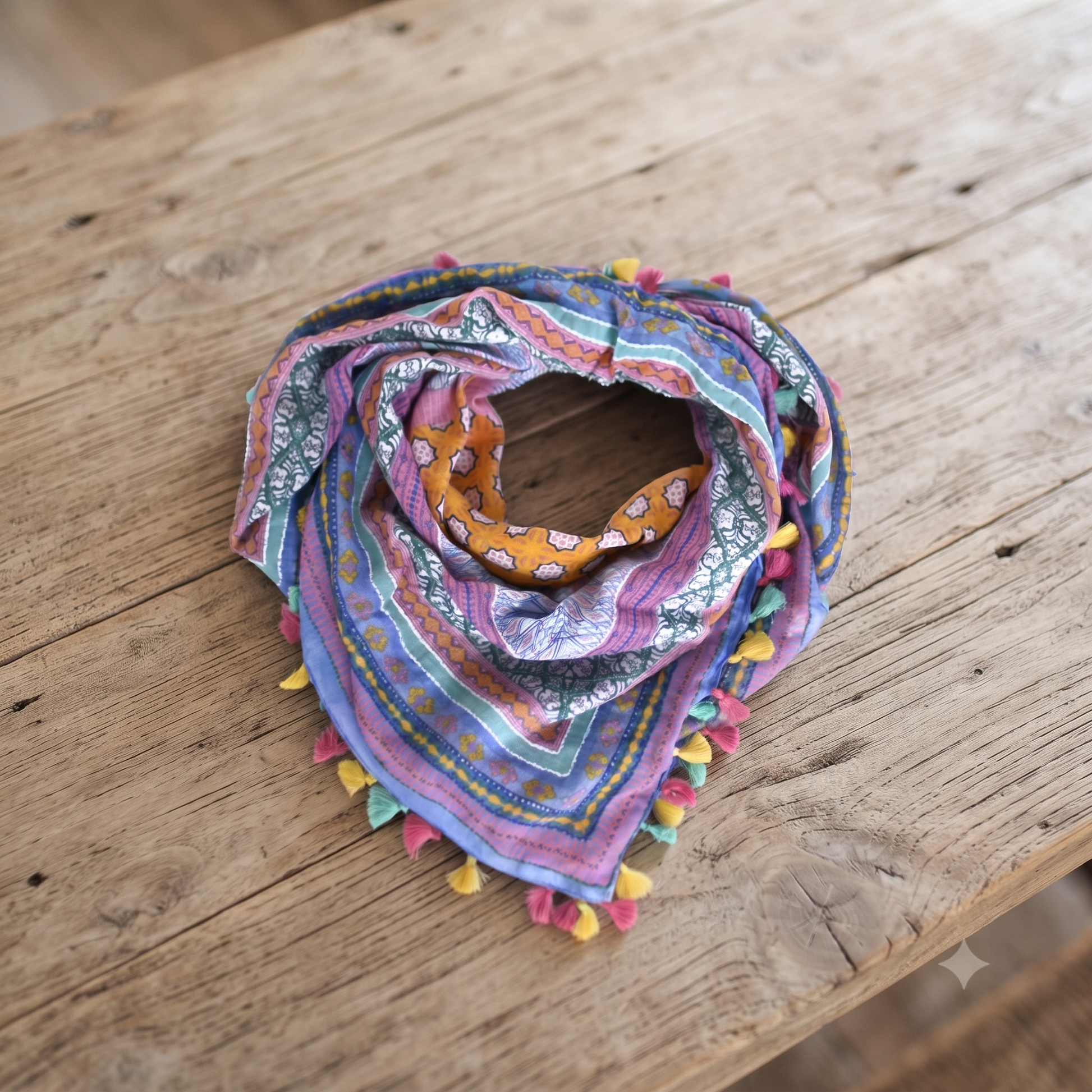 Cotton Square Embroidered Scarf with Pompom 46209