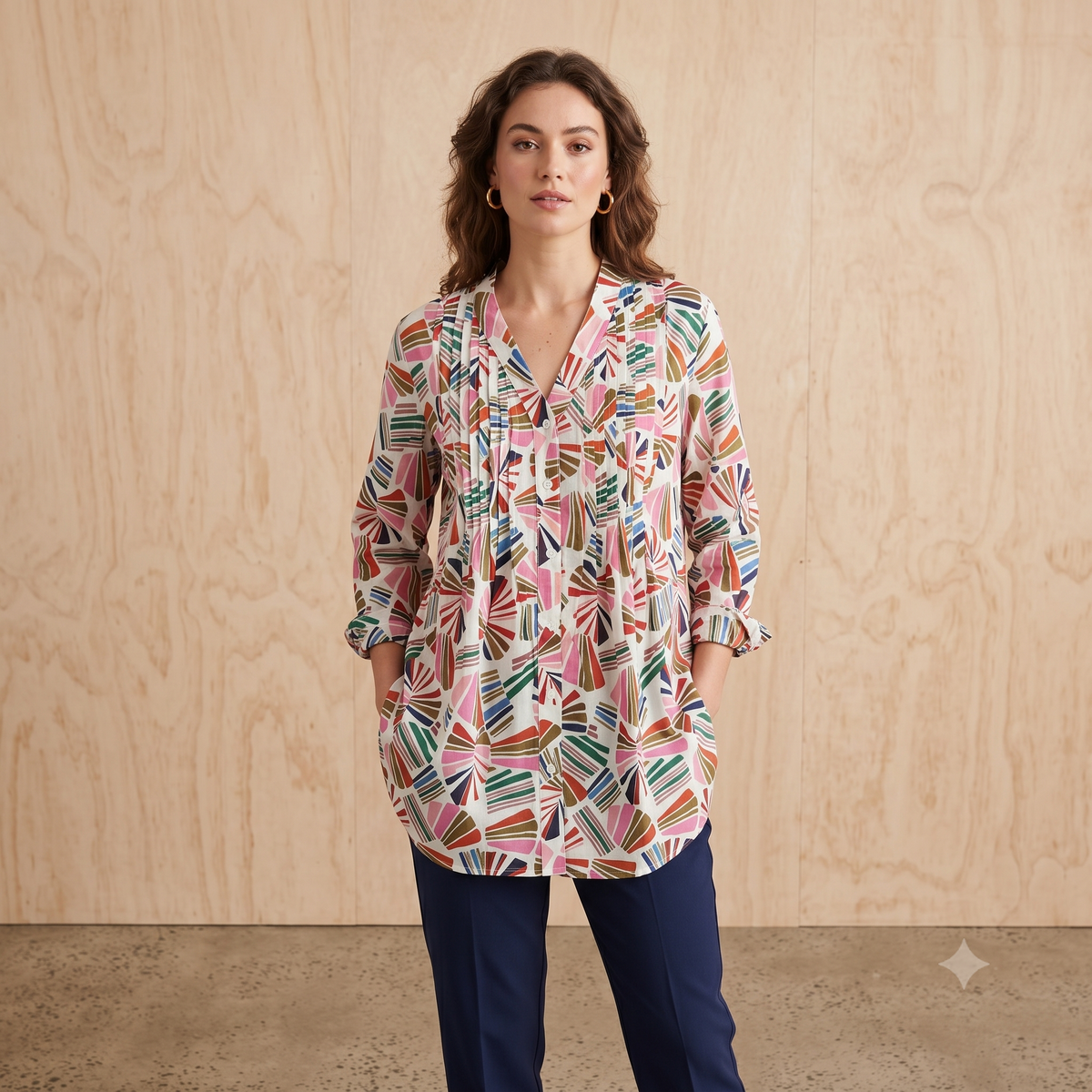 Pleated Cotton Printed Shirt 67149 Multi Sample