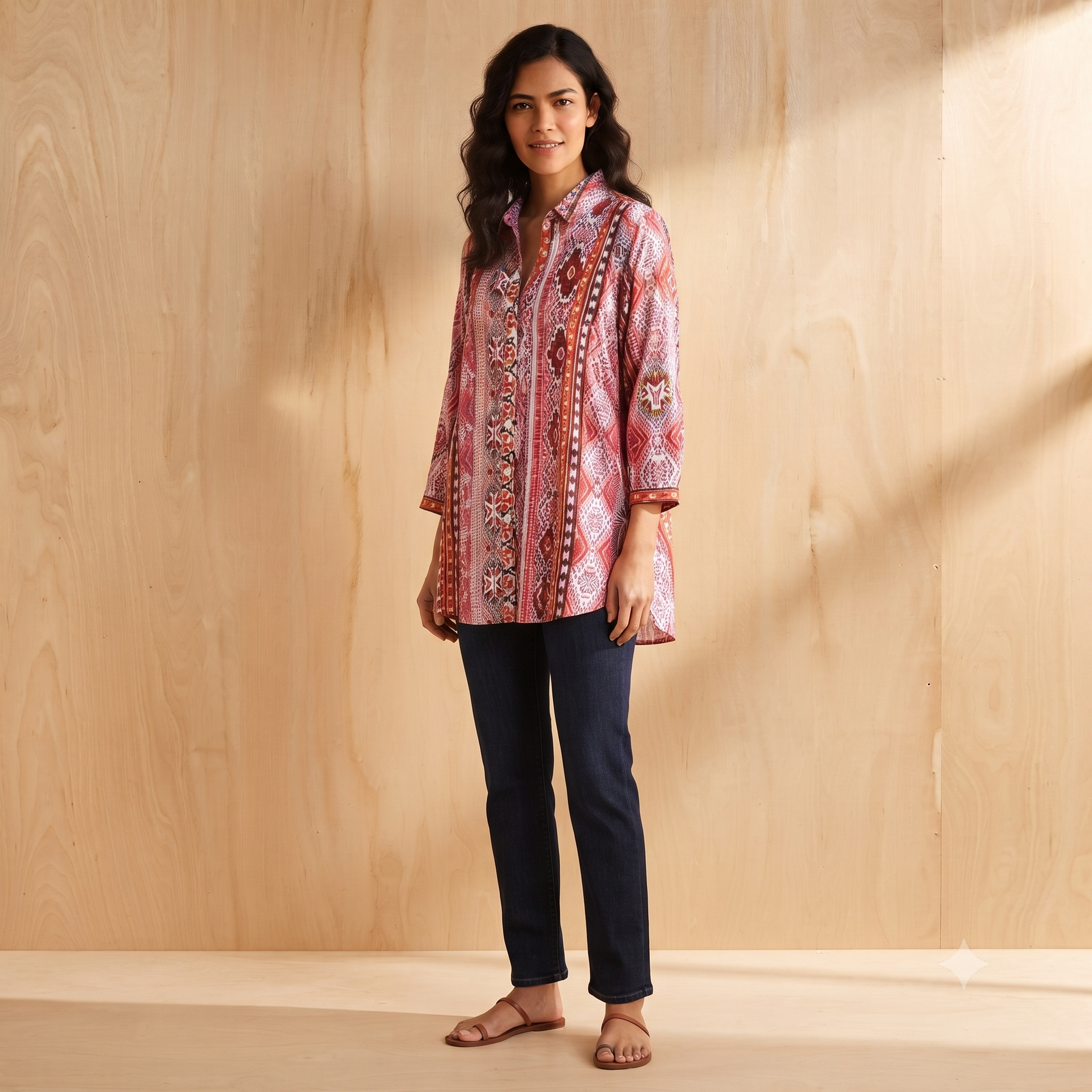 Palme V Neck+3/4 Sleeves Cotton Shirt - Rose Fonce 65943