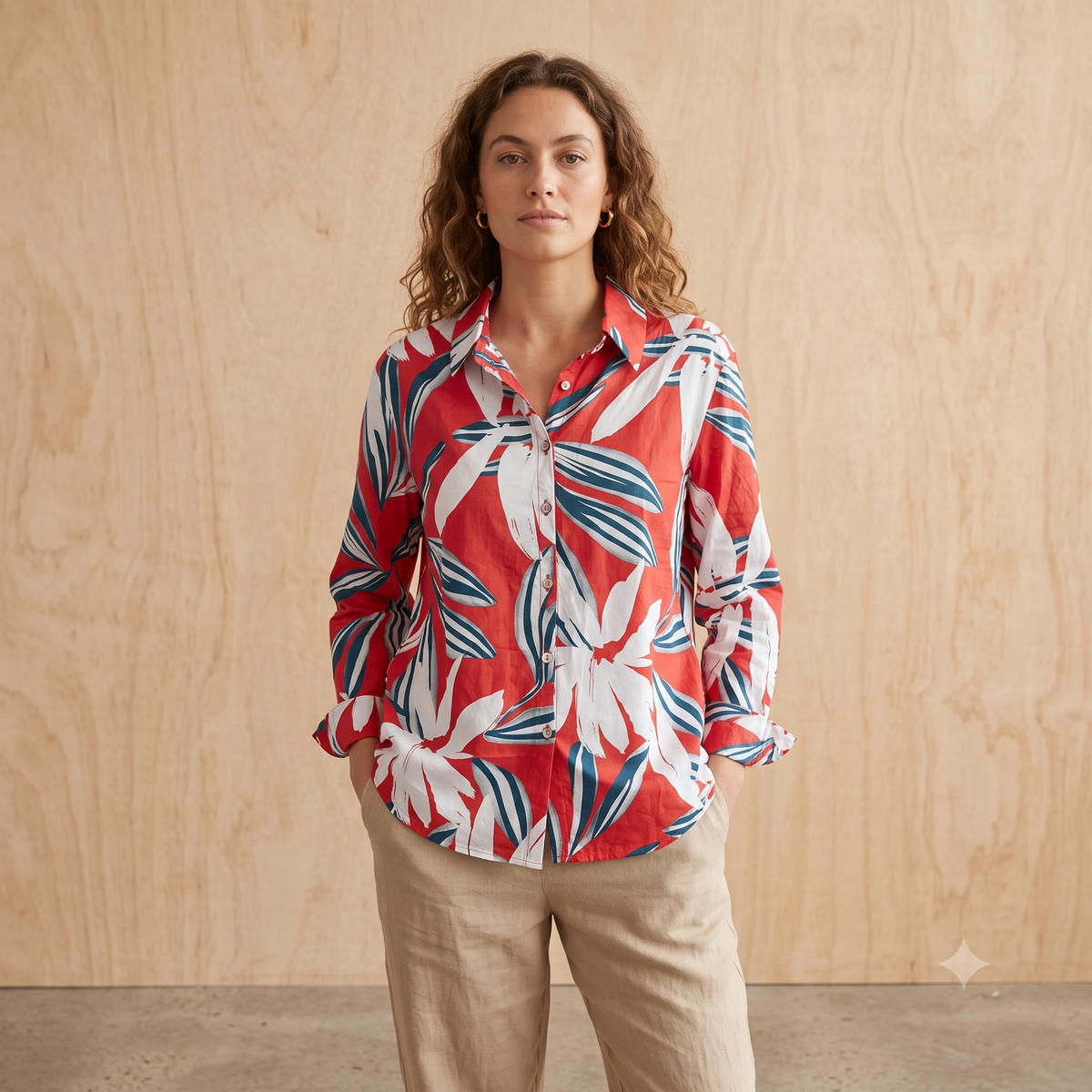Light Long Sleeve with Buttons Viscose Shirt 67336 Red